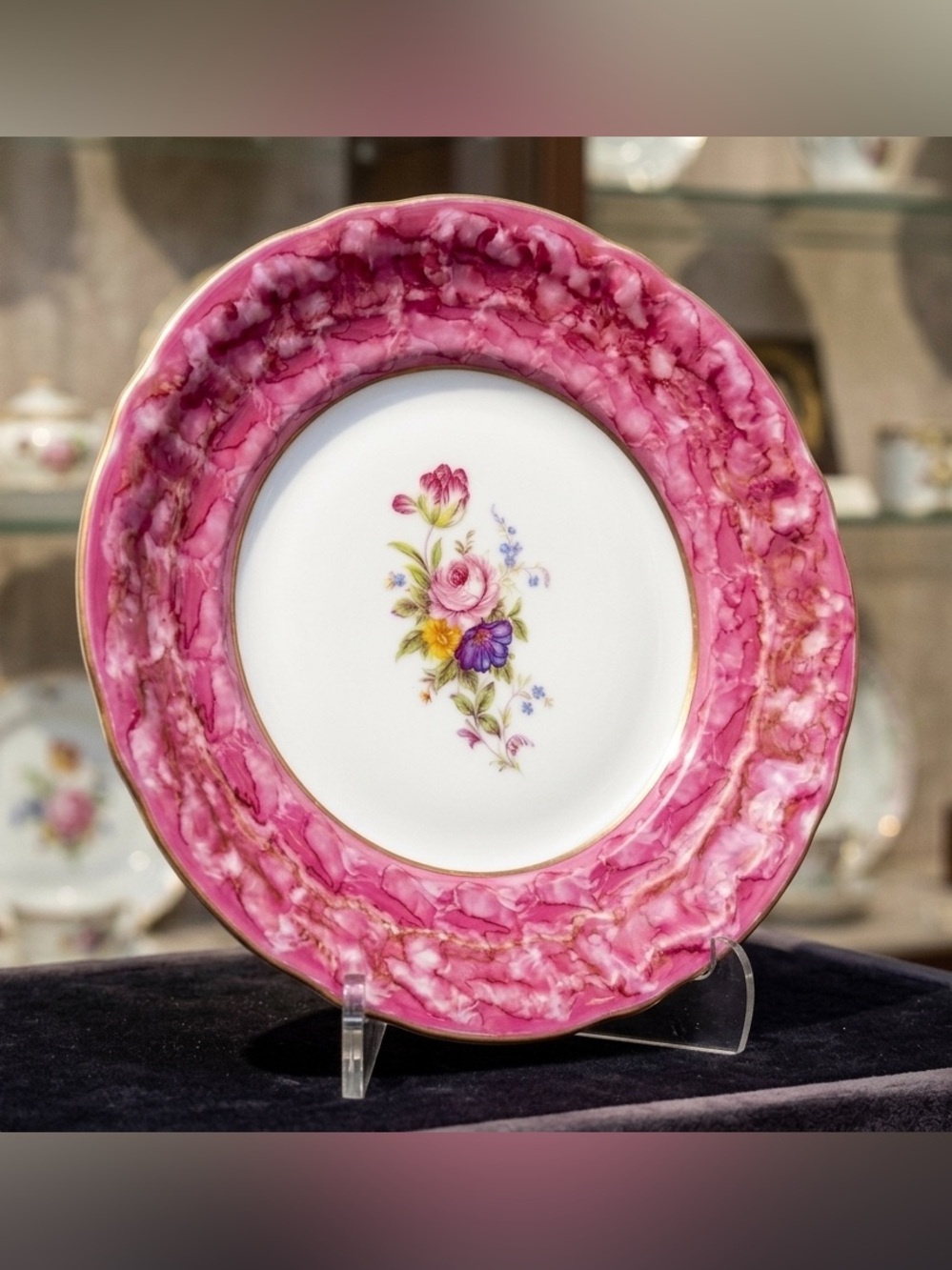 Authentic KPM Berlin 6.5” Porcelain Floral Plate - Pink Marbré Border